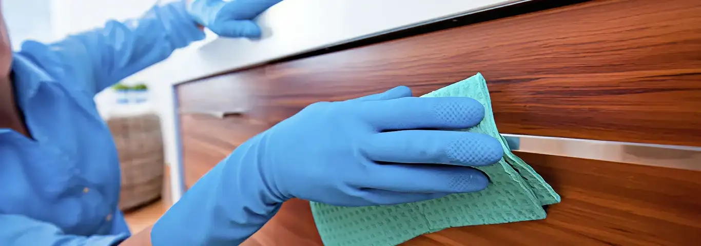 Cleaner wearing blue gloves wiping a wooden cabinet drawer with a microfiber cloth for dust and grime removal, Dayton, OH.