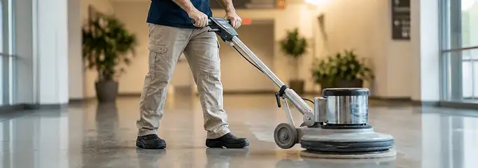 Professional technician using an industrial floor buffer to polish and maintain shiny commercial flooring in a corporate hallway in Dayton, OH.