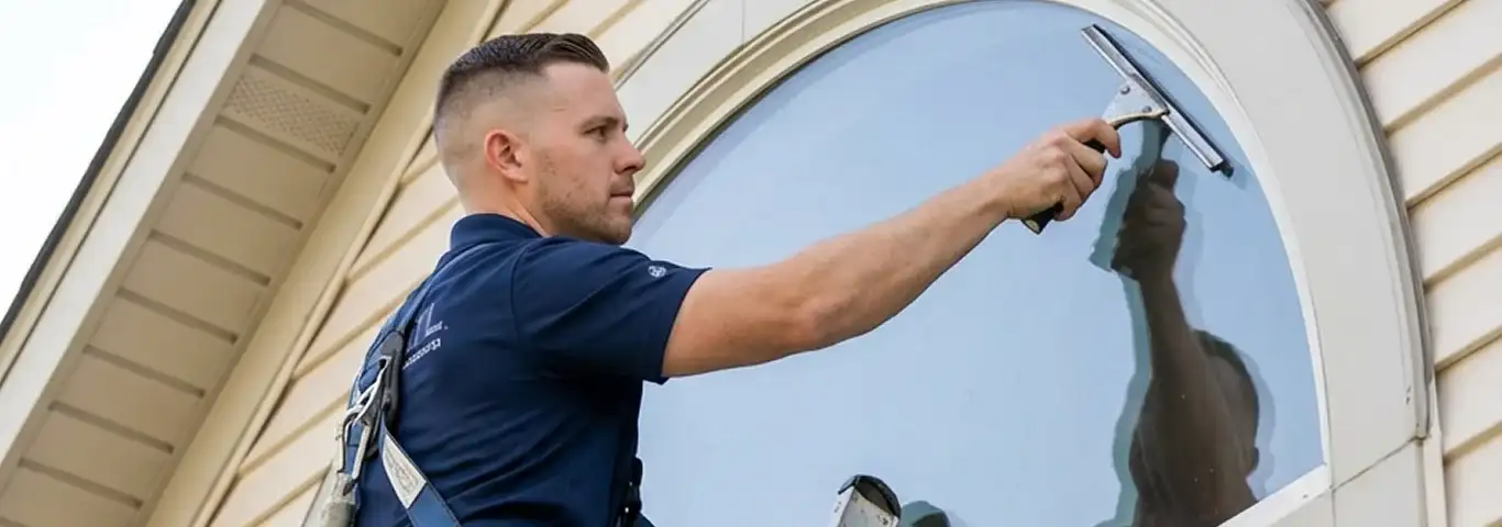 Professional window cleaner using a squeegee to clean an exterior arched window on a home, Dayton, OH.