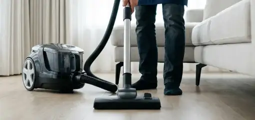 Professional house cleaner vacuuming a living room floor with a canister vacuum cleaner, Dayton, OH.