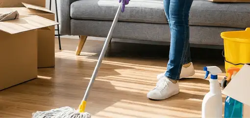 Move-out cleaning setup with a cleaner mopping hardwood floors near moving boxes and cleaning supplies, Dayton, OH.