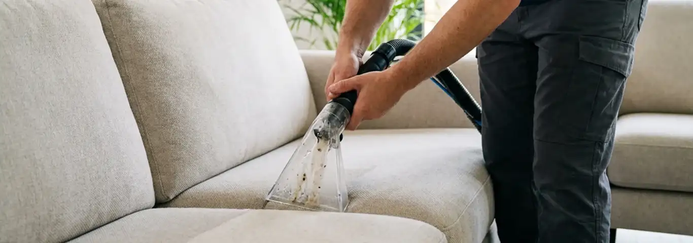 Technician extracting dirt and moisture from a fabric sofa with an upholstery cleaning wand, Dayton, OH.