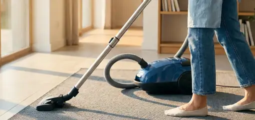 Person vacuuming a living room rug with a canister vacuum cleaner near large windows, Dayton, OH.